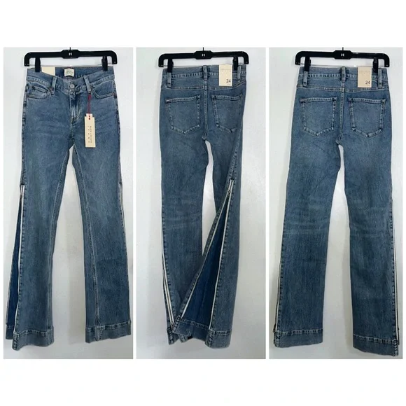 Alice + Olivia Rey Side Zipper Blue Off White Wide Leg Jeans - Picture 5 of 16